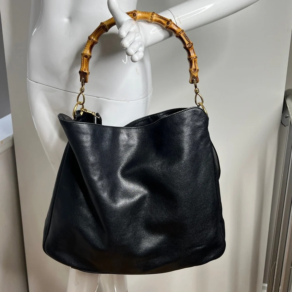 Gucci Black Leather Curved Bamboo Handle Leather Strap Crossbody Bag - Picture 5 of 11